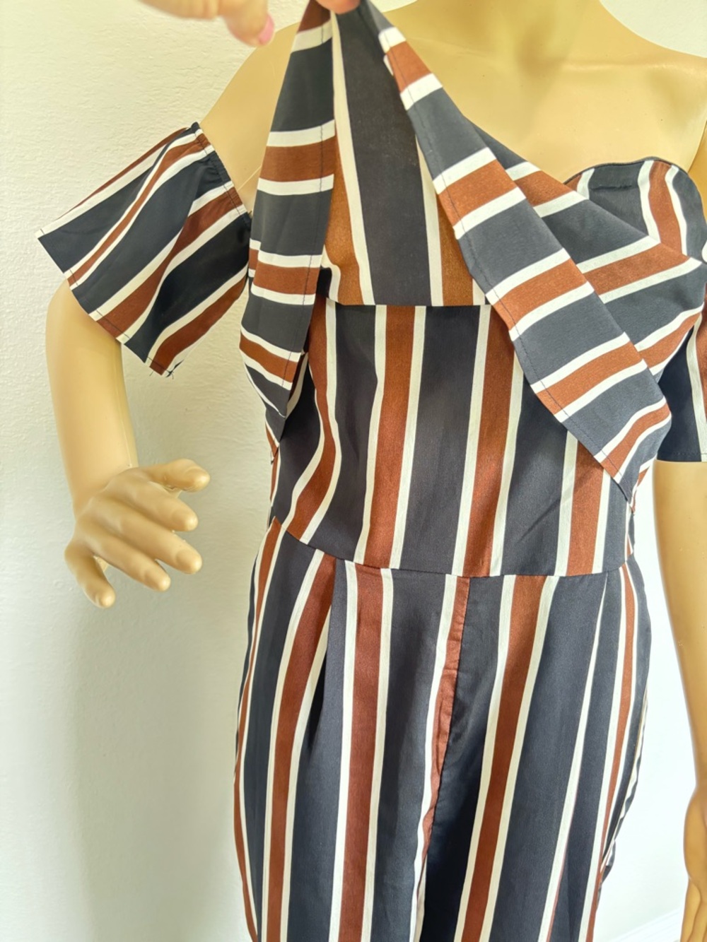 SHEIN Off-Shoulder Striped Jumpsuit in Black White & Brown - Picture 6 of 16